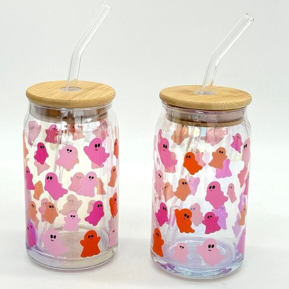 Set of 2 Iridescent Luster Glass Pink Ghost Sipper Glasses Halloween Tumbler Cup - Picture 1 of 7
